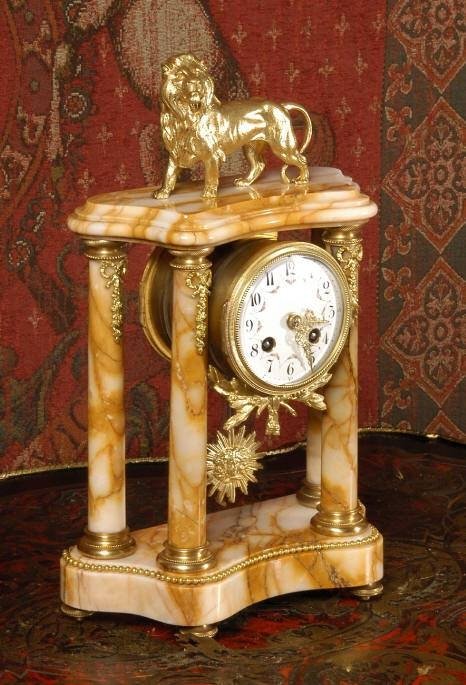 fig 3. ***** SOLD *****  Sienna Marble and Ormolu Clock Set ~ Lion,  French - Circa 1890 